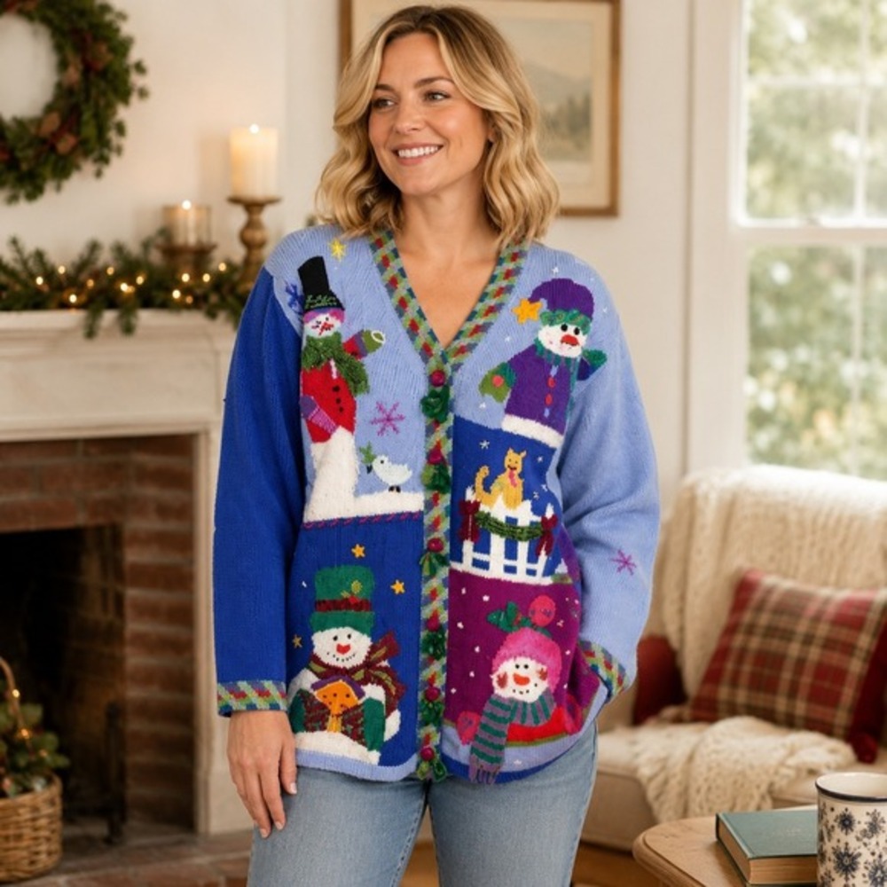 Storybook Knits Christmas Cardigan Snowman Cat 3D Buttons Medium